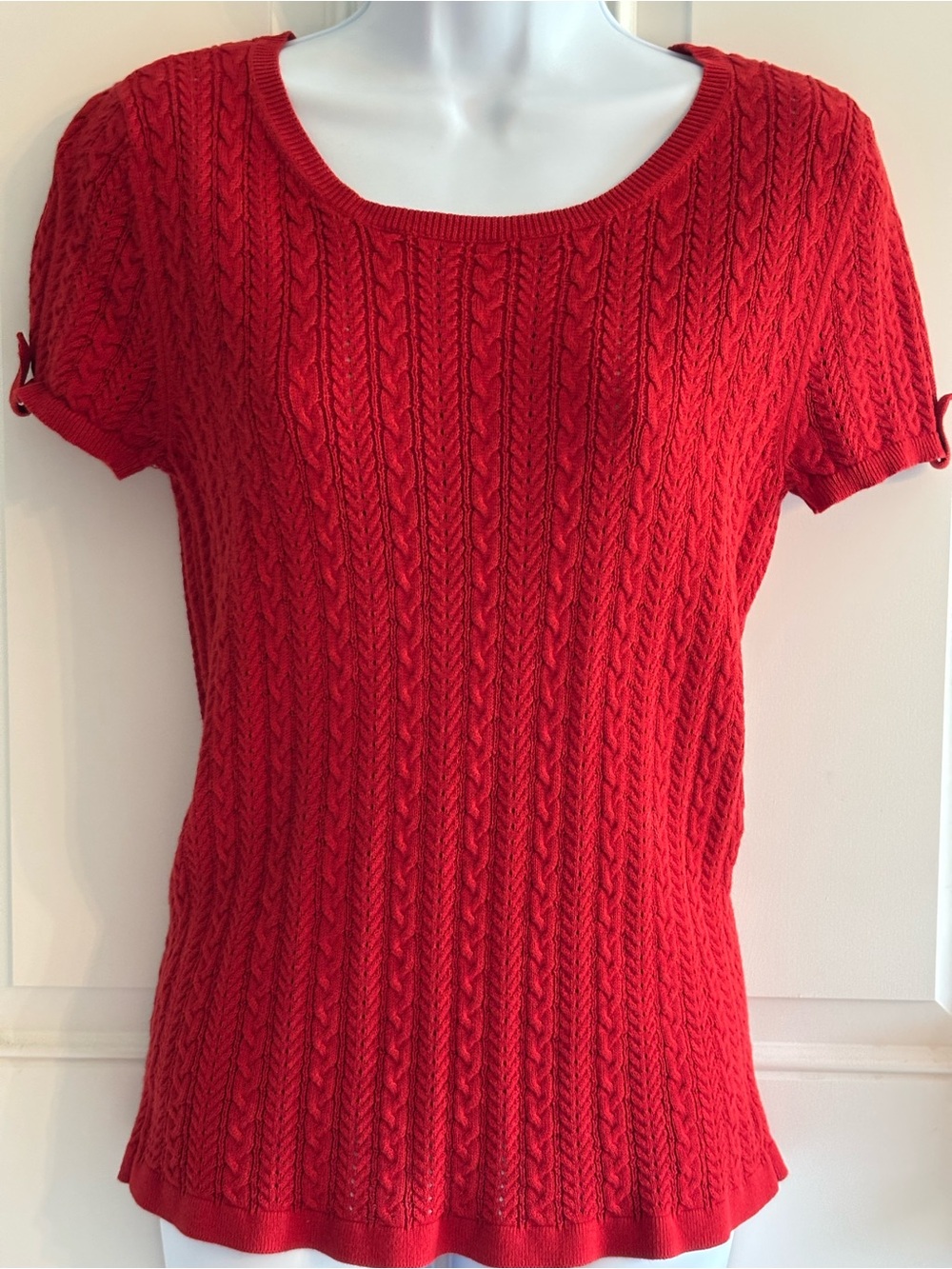 Talbots Red Cable-Knit Short Sleeve Sweater